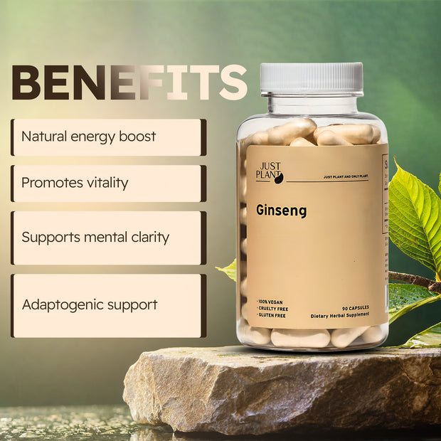 Just Plant Ginseng Dietary Herbal Supplement – 90 Vegan Capsules, 750 mg