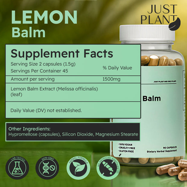 Just Plant Lemon Balm – 90 Vegan Capsules, 750 mg