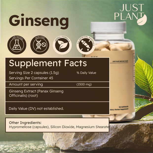 Just Plant Ginseng Dietary Herbal Supplement – 90 Vegan Capsules, 750 mg