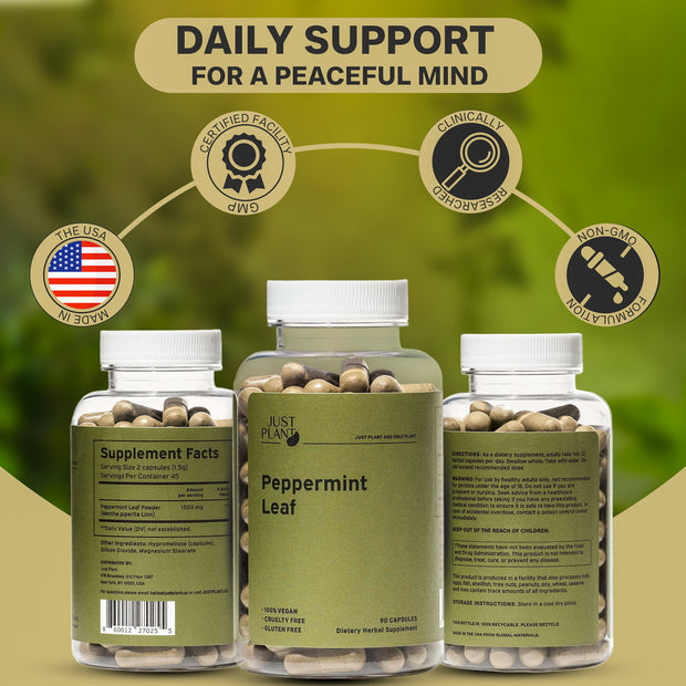 Just Plant Peppermint Leaf Supplement – 90 Vegan Capsules, 750 mg